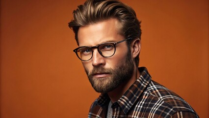 Obraz premium Closeup shot of a Stylish man in plaid shirt with orange background. Created with Ai