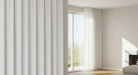 Fototapeta premium Elegantly draped white curtains add soft sophistication to a bright airy living space