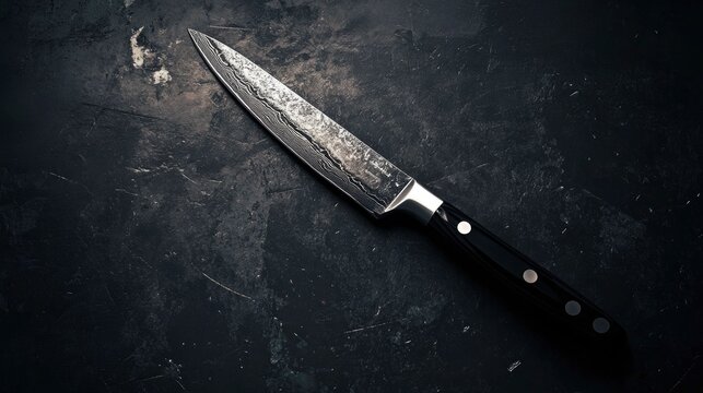 Chef Knife with Damascus Blade on Dark Textured Surface Top View