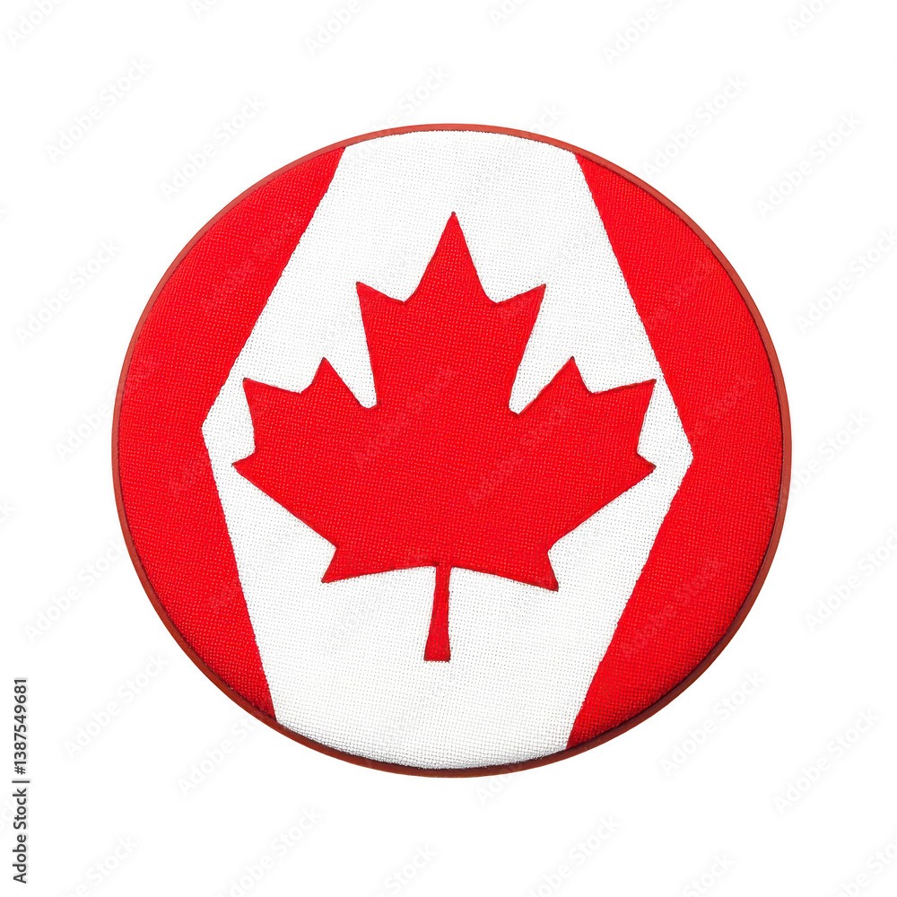 Poster a this features circular patch with red maple leaf design, symbolizing canada, set against red and t