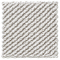 A textured, woven square made of thick, white yarn displays diagonal pattern, showcasing intricate craftsmanship. soft material and detailed design evoke sense of warmth and comfort