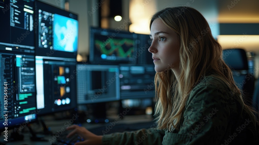 Poster focused woman monitoring data on multiple screens in a tech control room