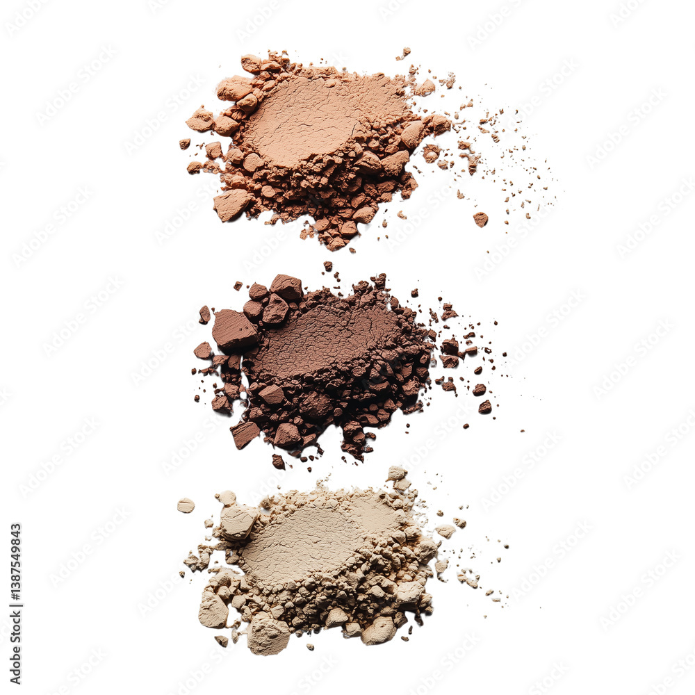 Poster piles of various textured powders arranged in three layers, showcasing different shades and granular