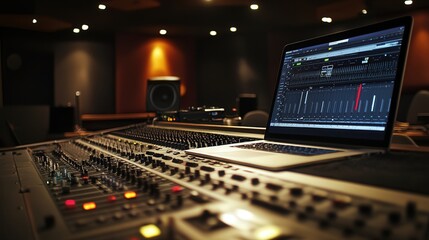 Inside a contemporary recording studio, the control desk displays a laptop with digital audio workstation software