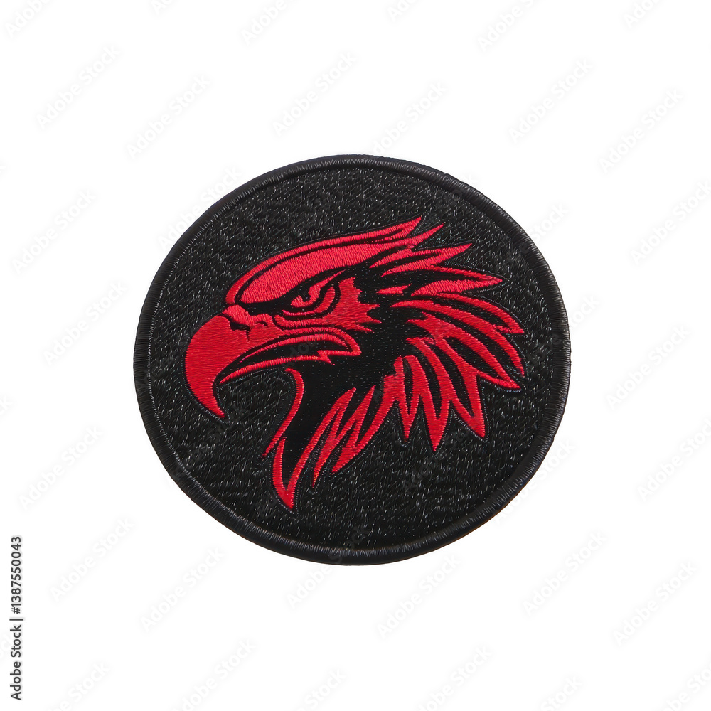 Poster a this features circular patch with fierce red eagle design on transparency background, symbolizing 