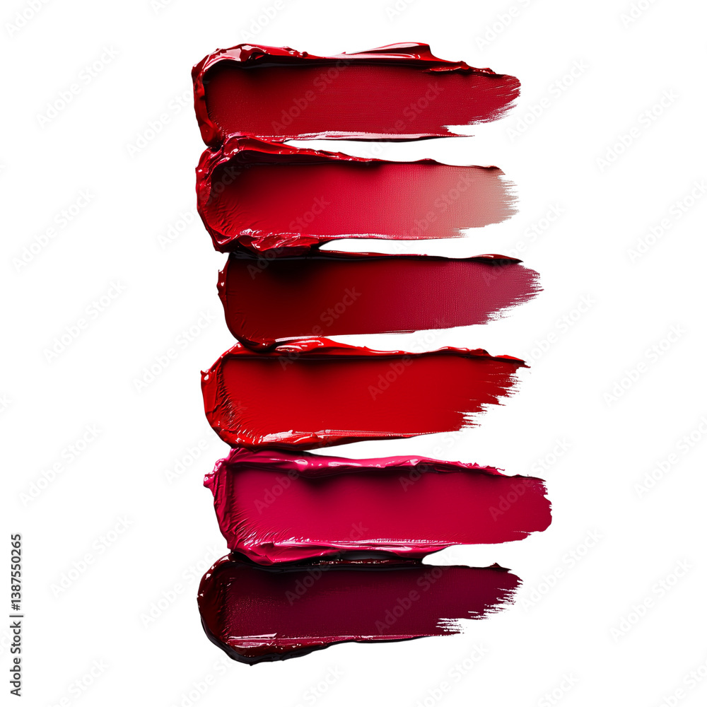 Poster vibrant layers of red lipstick swatches displayed showcasing a glossy finish and artistic applicatio