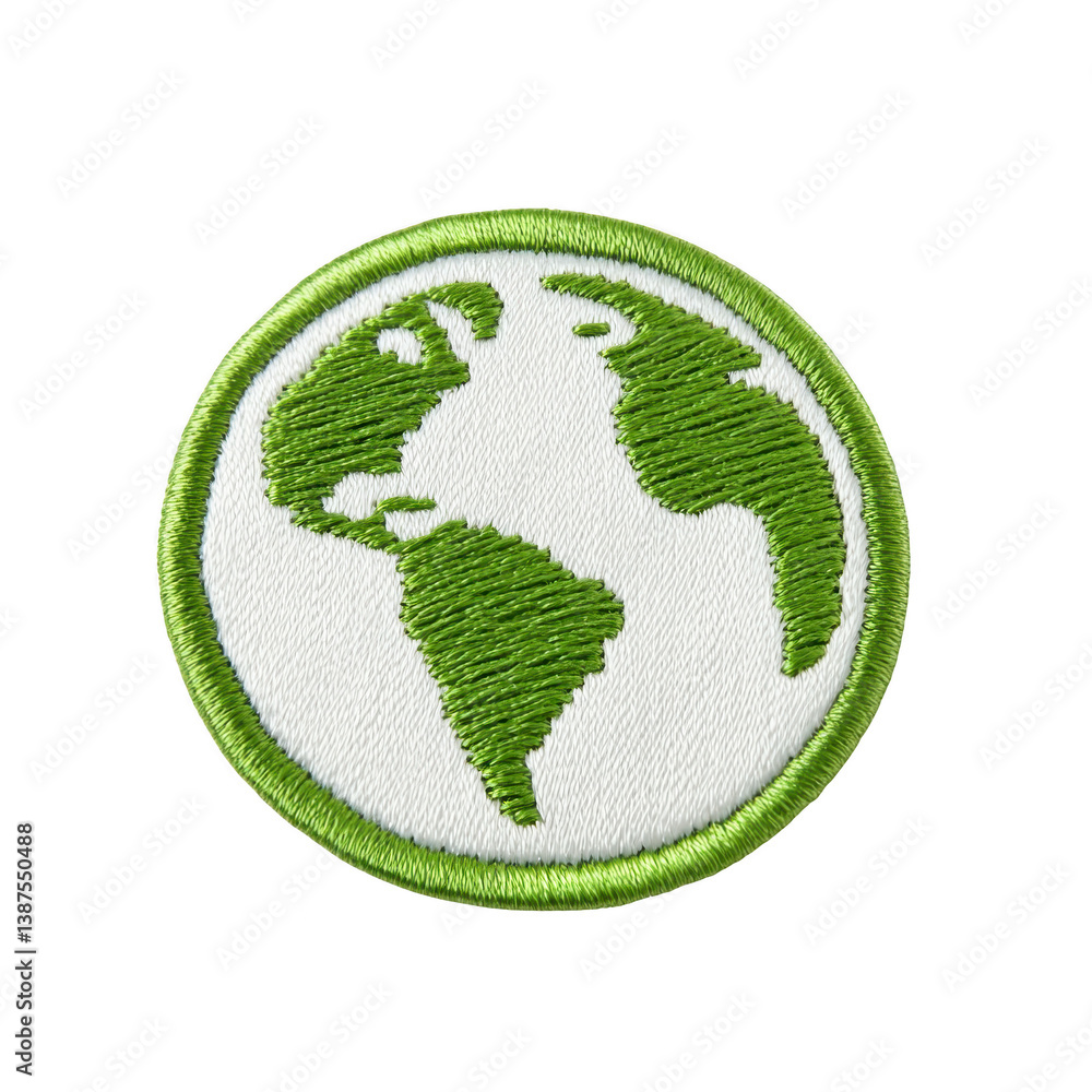 Poster a this features green and white embroidered patch depicting globe, symbolizing environmental awarene