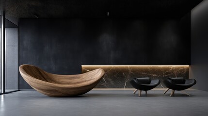 Modern, dark reception area with wooden bowl