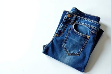 Classic blue denim jeans, crisply folded on white , clothing, wrinkle