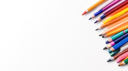 Colorful pencils arranged in a neat row on a white background, showcasing vibrant hues and creative potential, and close-up composition.