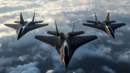 Modern fighter jets, cloaked in black camouflage, fly in perfect formation across the sky, their sleek, angular designs