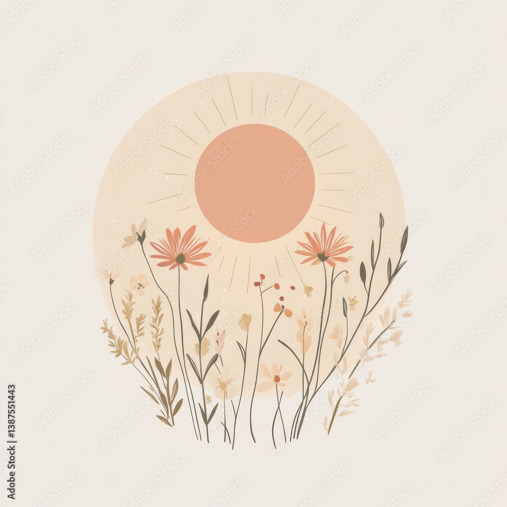 Poster soft floral logo design featuring a stylized sun and blooming flowers on a pastel gradient backgroun