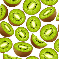 Seamless kiwi pattern. Sliced ​​kiwi on a white background. The design is great for wallpaper, fabric, labels, packaging.
