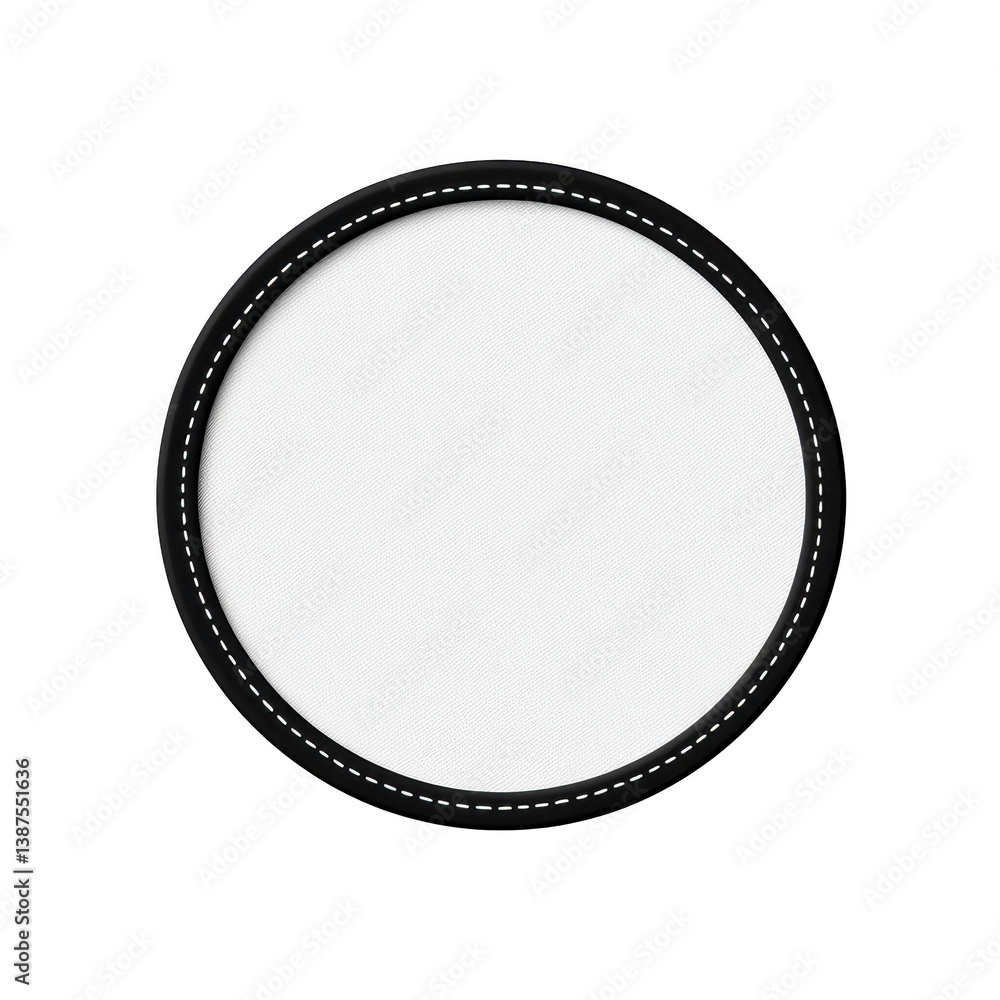 Poster a round, white fabric patch with black border and white stitching is displayed. patch is isolated on