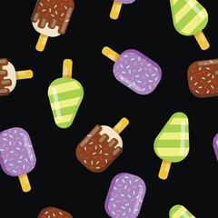 Vector seamless pattern of ice cream. Ice cream with fruit juice. Popsicle on a stick, ice cream with chocolate glaze, sprinkled