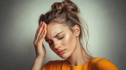 Fototapeta premium A woman in a yellow shirt expresses discomfort, holding her head, indicating stress or a headache, with a neutral background.