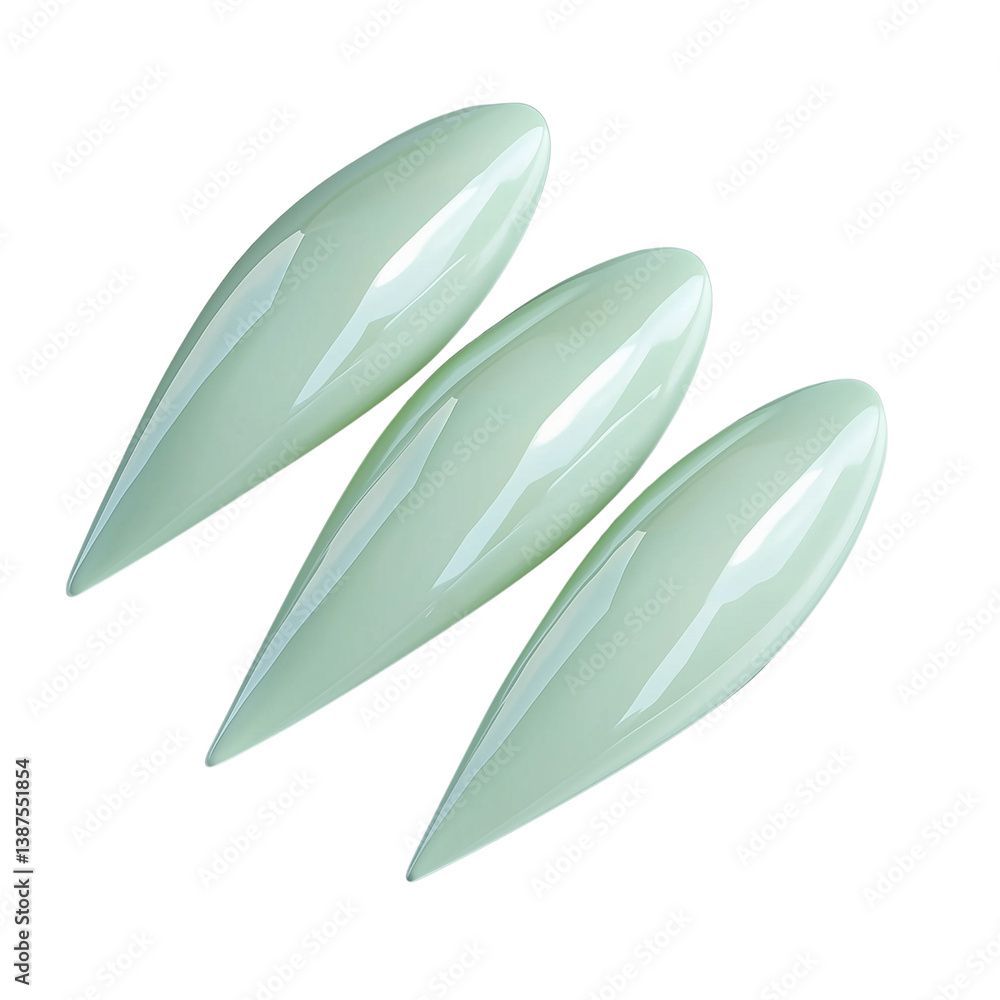 Poster three sleek, elongated nails green shapes with reflective surfaces, arranged in a row resembling abs