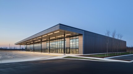 Obraz premium Modern Architectural Design: Sleek Office Building at Dusk