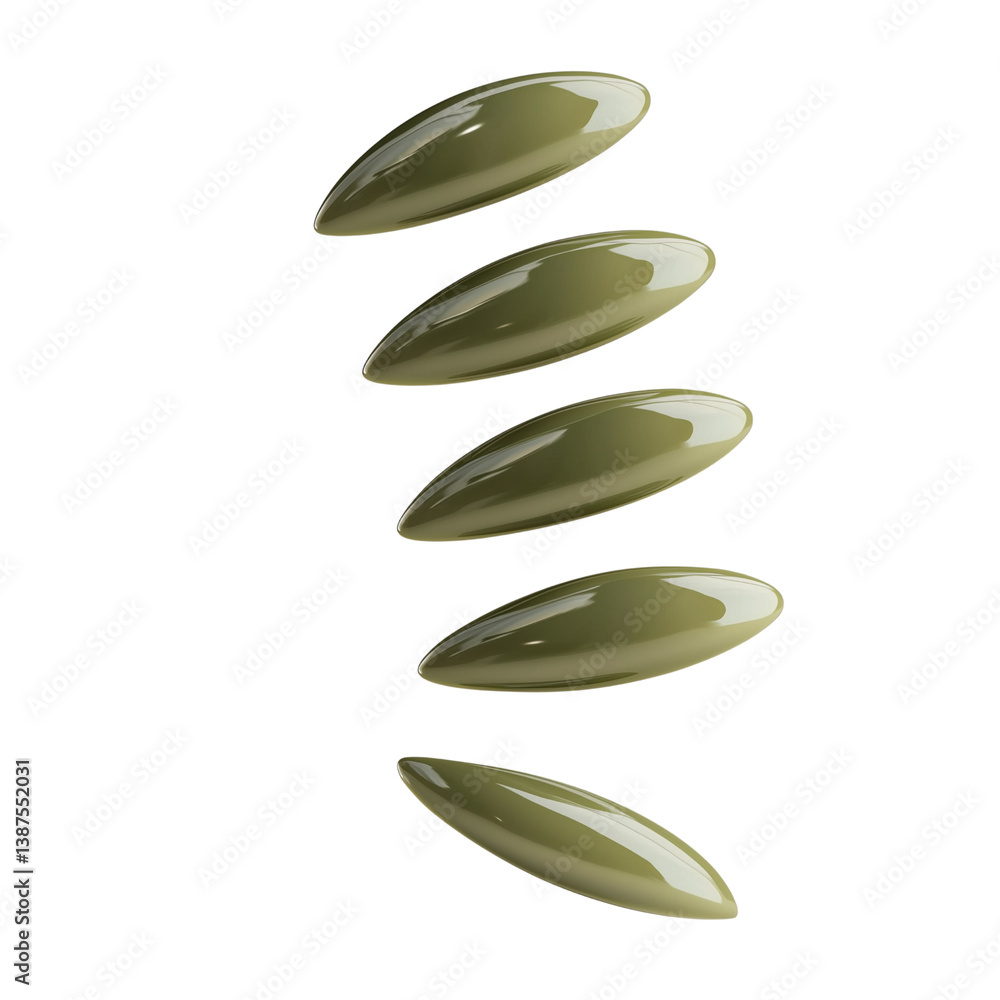 Poster five glossy, elongated nails arranged vertically, resembling smooth stones or pebbles, creating a mo