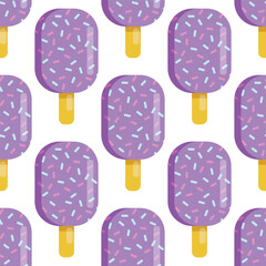 Vector seamless pattern of ice cream. Ice cream with fruit juice. Popsicle on a stick, ice cream sprinkled