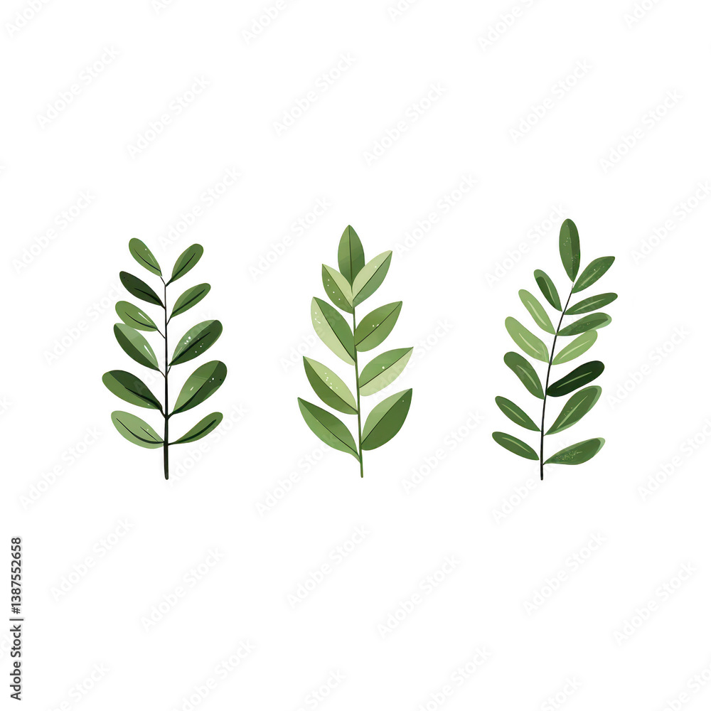 Poster a three stylized green leaf branches are arranged in row against plain background, showcasing minima
