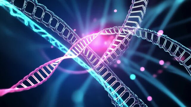 A futuristic digital DNA helix glowing in deep blue and purple, symbolizing AI-driven medical research.