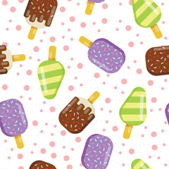 Vector seamless pattern of ice cream. Ice cream with fruit juice. Popsicle on a stick, ice cream with chocolate glaze, sprinkled
