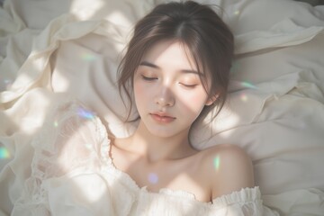 Serene Asian Woman Sleeping Peacefully on White Linen Bed, Dreamy & Relaxed Lifestyle