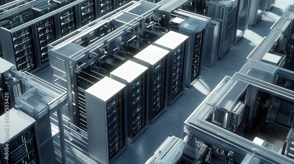 Poster the 3d concept emphasizes the scale of a data center, showcasing rows of servers and advanced coolin
