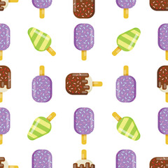 Vector seamless pattern of ice cream. Ice cream with fruit juice. Popsicle on a stick, ice cream with chocolate glaze, sprinkled