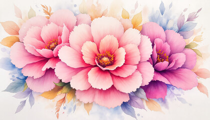 Fototapeta premium Watercolor bouquet of pink and purple flowers on white background