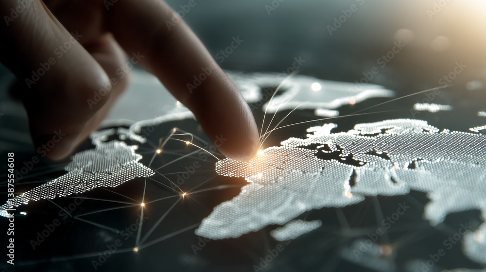 Aufkleber finger touching a digital world map with network connections and glowing points of interest shown