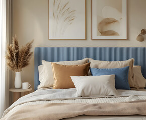 Scandinavian Style Bedroom with Neutral Palette, Abstract Paintings, and Warm Lighting Decor