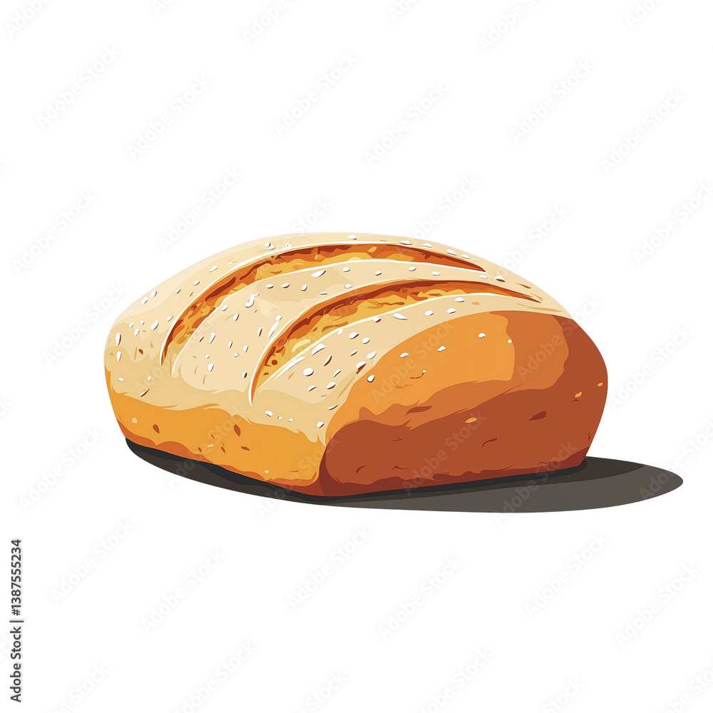 Poster a stylized loaf of bread with a golden crust, showcasing a textured surface and a shadow for depth i