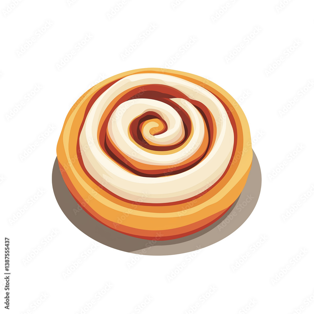 Poster a colorful illustration of a cinnamon roll on a plate, showcasing its spiral design and layers of ic