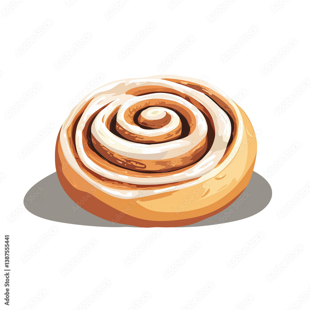 Poster a delicious cinnamon roll with swirls of icing on a simple background, highlighting its rich texture