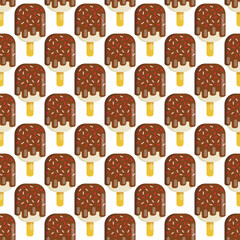 Vector seamless pattern of ice cream. Popsicle on a stick, ice cream with chocolate glaze, sprinkled