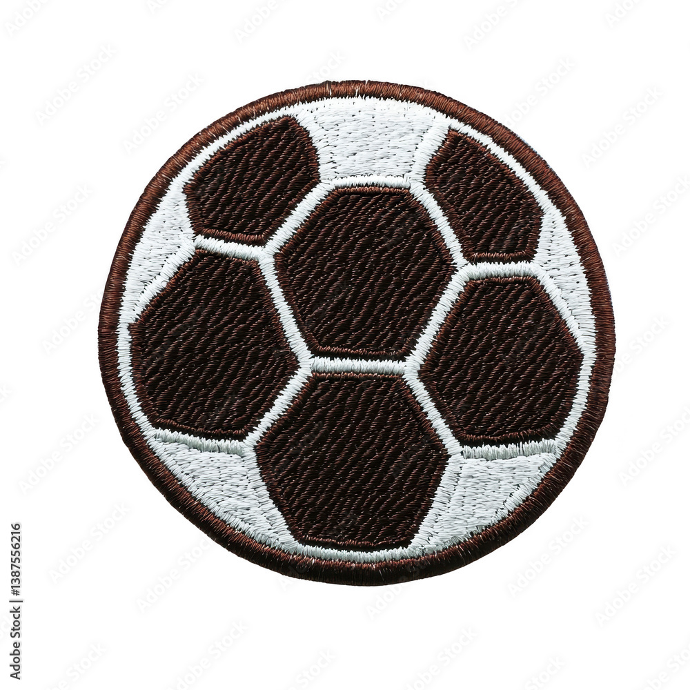 Poster a this shows embroidered patch featuring soccer ball design with hexagonal pattern, typically used f