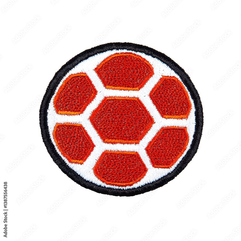 Poster a this features circular embroidered patch with red hexagonal pattern resembling soccer ball. patch 
