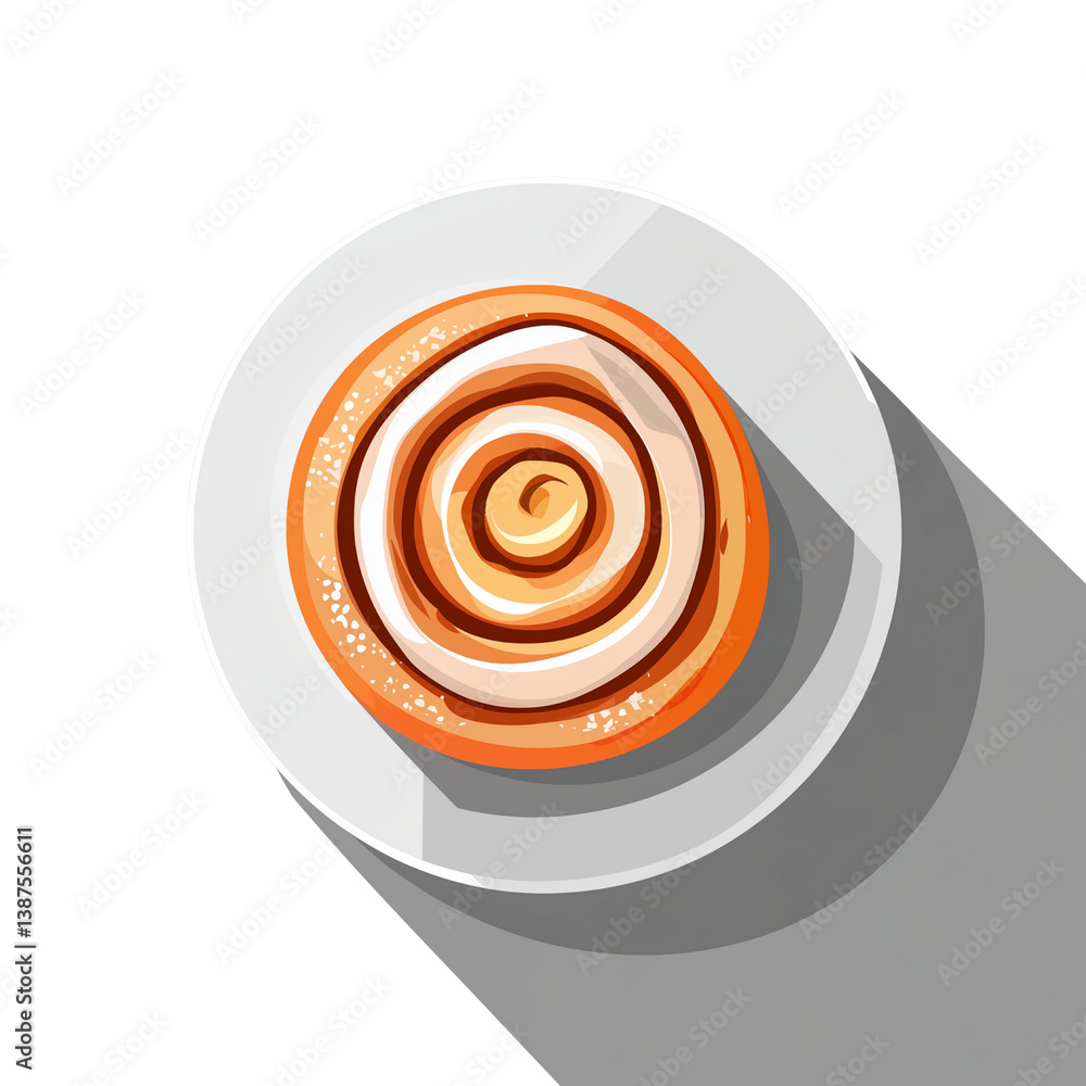 Poster a top view of a delicious cinnamon roll on a white plate with a shadow, showcasing its swirled layer