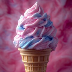 Cotton candy ice cream with soft pastel pink and blue swirls, served in a cone, dreamy and whimsical aesthetic, high resolution.