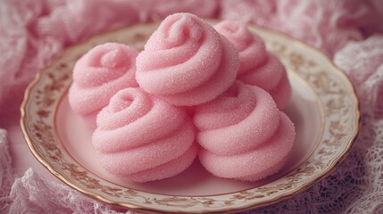 Cotton candy placed on a vintage plate with lace doily, soft textures, high macro detail, isolated on a transparent background, pastel background, elegant food styling.