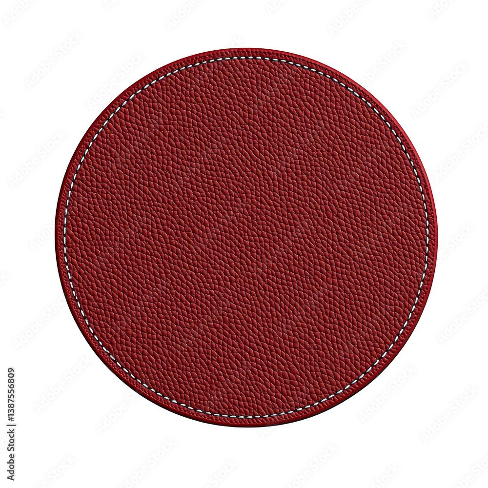 Poster a round, textured red leather patch with visible stitching around edges, creating classic and elegan