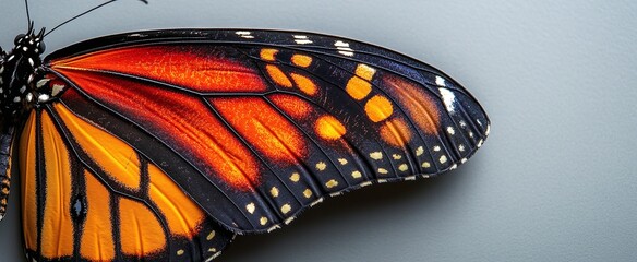 High-detail shot of a monarch butterfly wing, intricate patterns, vibrant colors, photorealistic, isolated