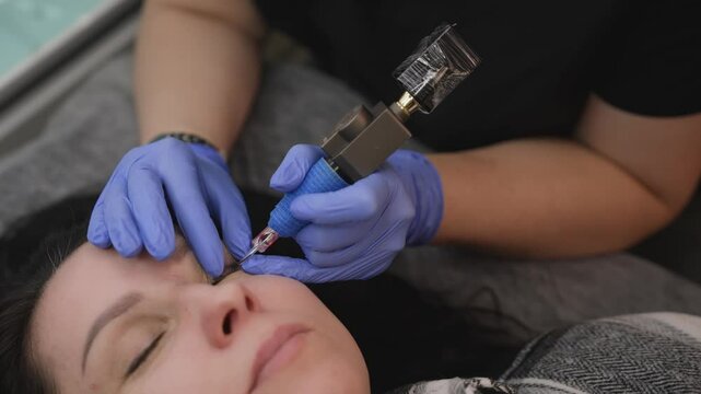 Cosmetologist performing a permanent eyeliner makeup procedure for a client in a beauty salon, highlighting skill and precision in aesthetics