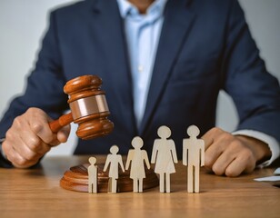 A man in a suit holds a gavel over a wooden family figurine on a wooden surface, suggesting legal family matters.