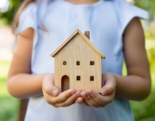 Young child holding a miniature wooden house, showcasing a concept of homeownership.