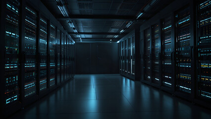 Fototapeta premium Illuminated server racks in a dimly lit data center with blue overhead lighting symbolizing advanced networking cloud computing and cybersecurity