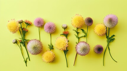 Assorted Blooming Flowers on Bright Yellow Background