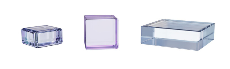 Transparent glass cubes on transparent background. Set of 3D glass cubes in violet and clear tones with smooth reflective surfaces. Crystal square platform, plastic pedestal for product presentation
